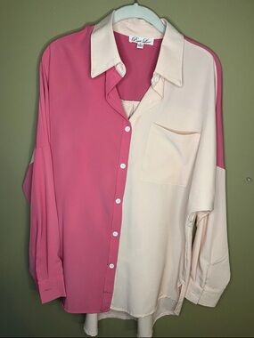 Purple Lava Colorblock Button Down Blouse Shirt Pink Two-Tone Split Panel Small